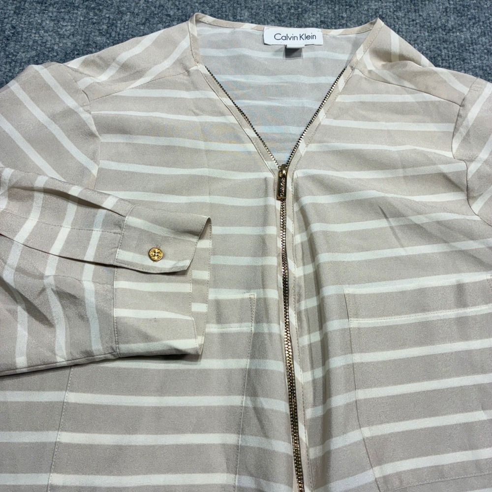 Calvin Klein Blouse Womens Sz.L Beige Striped Quarter Zip Long Sleeve Tunic Top